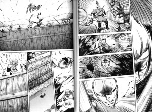 Una brutal secuencia de acción a doble página (recordad, se lee a la japonesa, de izquierda a derecha)